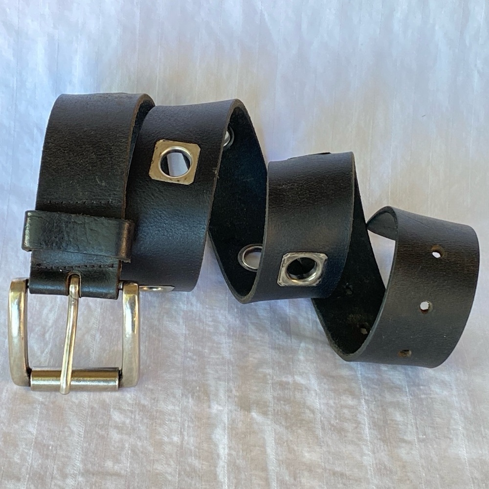Unisex Black Leather Belt with Grommets - Fits 30” - 32”